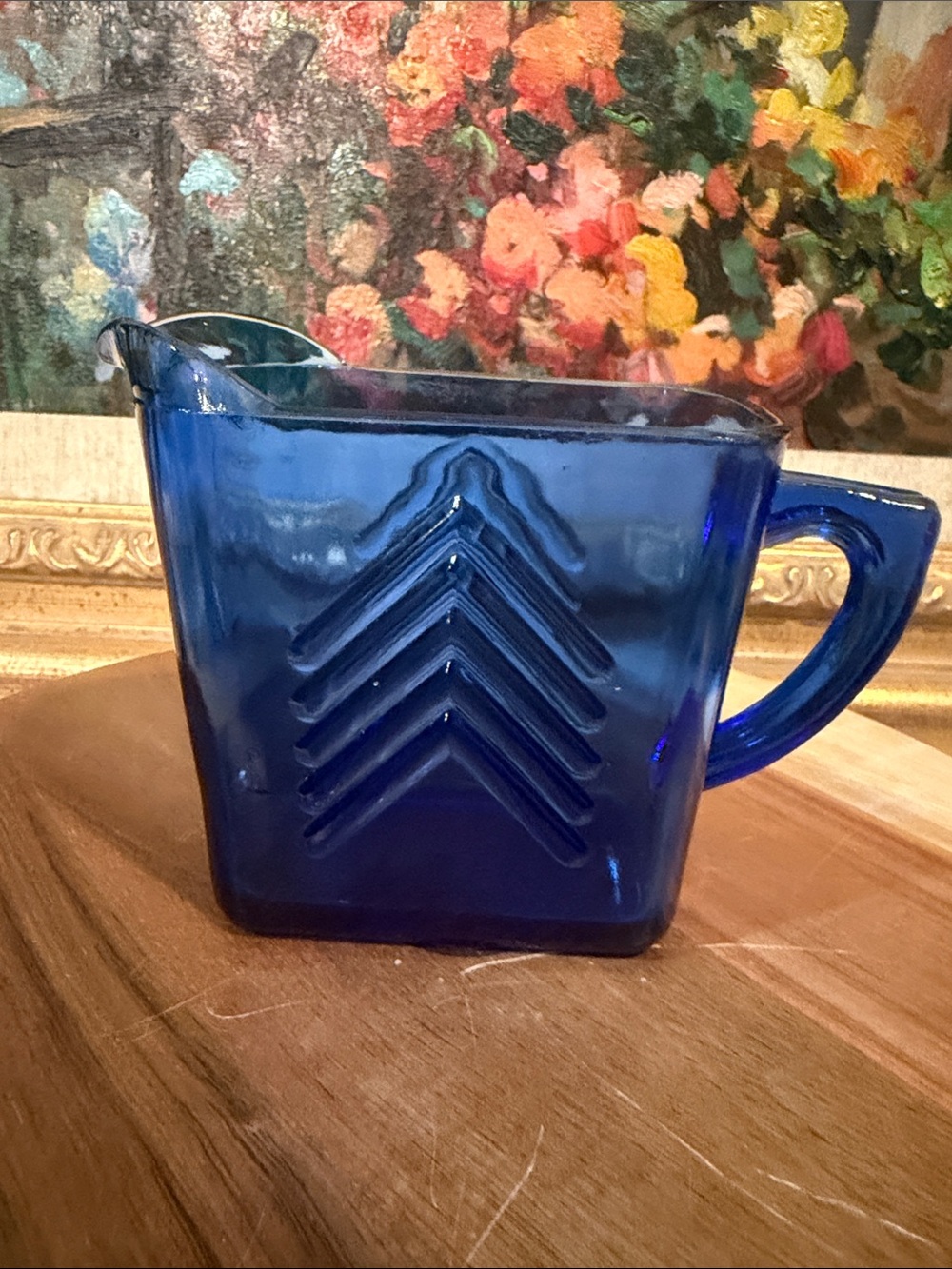 Vintage Cobalt Blue Glass Pitcher with Chevron Detail by  Hazel Atlas
